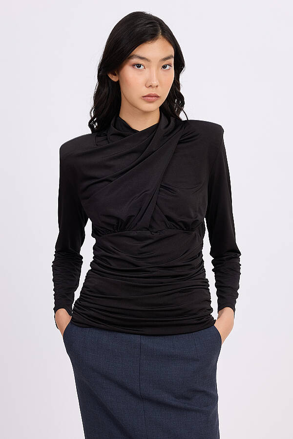 Drape yakalı örme bluz - 1