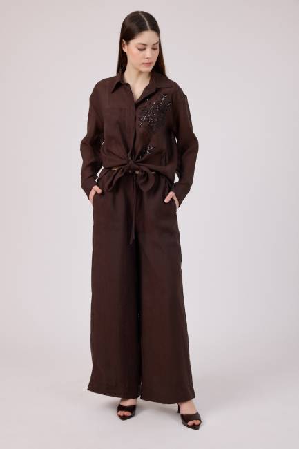 Beli bağcıklı düz paça pantolon - 1