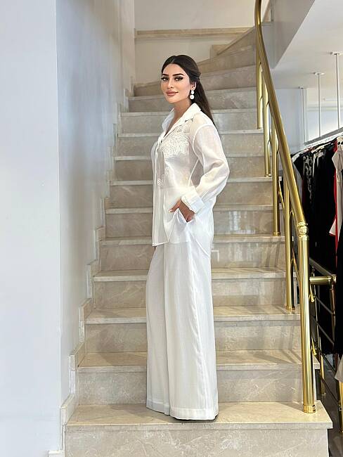 Beli bağcıklı düz paça pantolon - 6