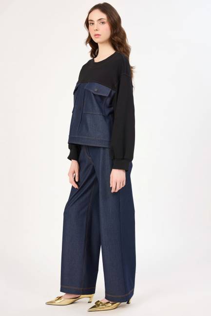 Cep detaylı denim geçişli bluz (1)