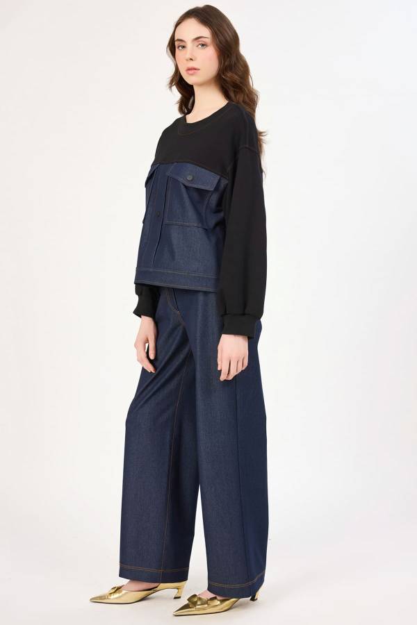 Cep detaylı denim geçişli bluz - 2