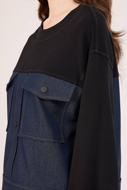 Cep detaylı denim geçişli bluz - 3