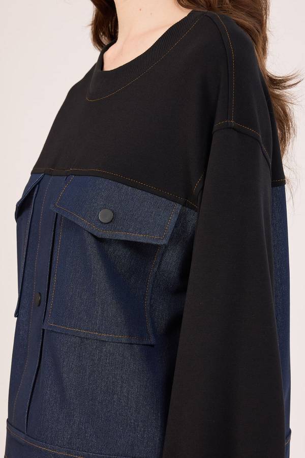 Cep detaylı denim geçişli bluz - 3