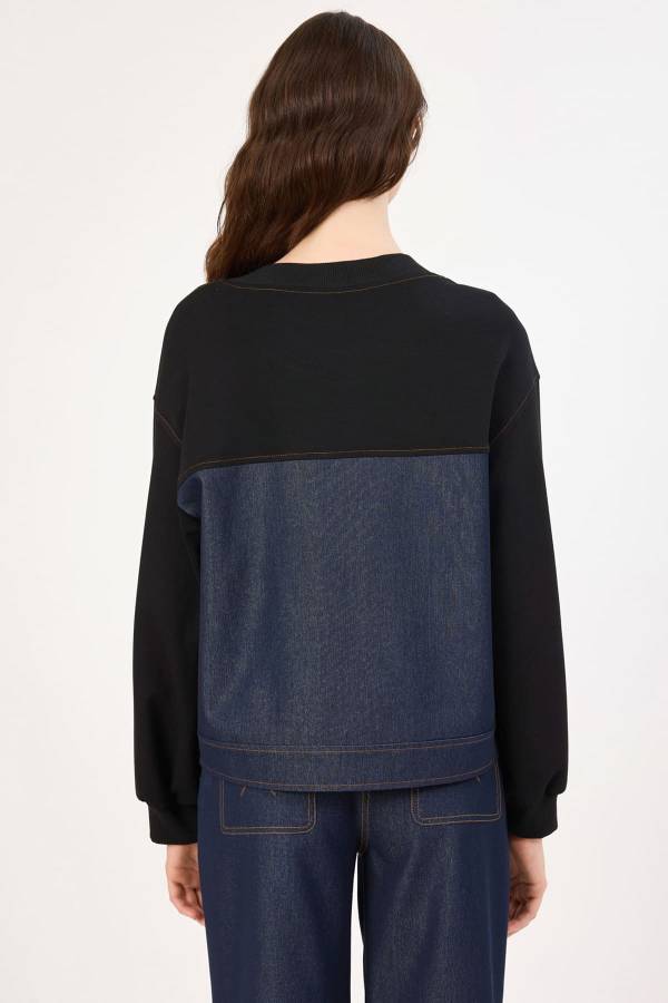 Cep detaylı denim geçişli bluz - 4
