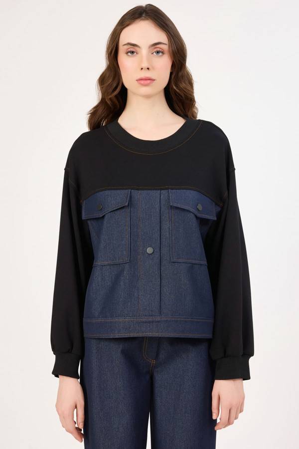 Cep detaylı denim geçişli bluz - 1