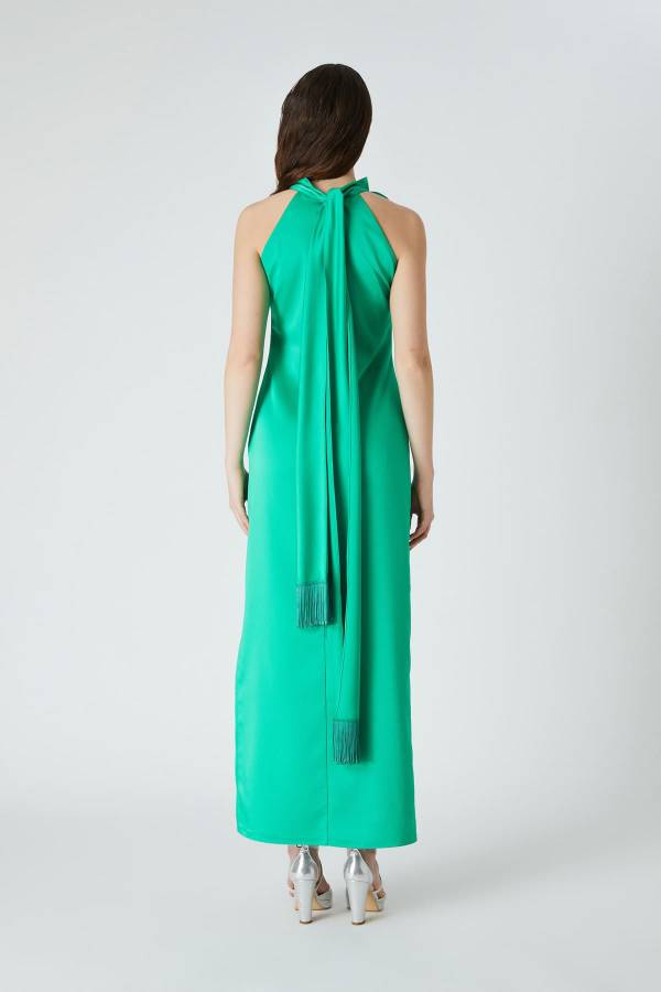 Çicekli boyundan bağlamalı elbise - 4