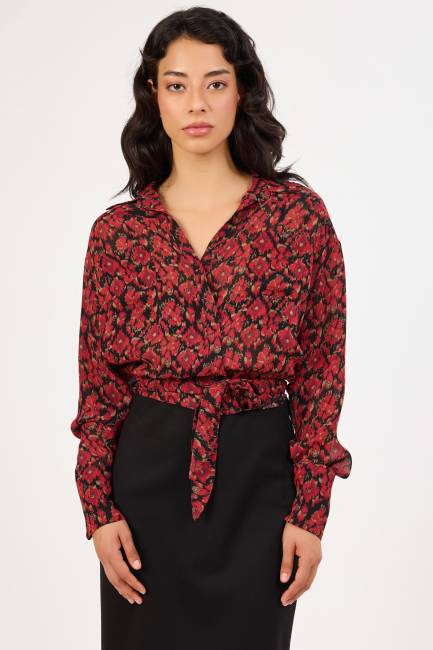 Desenli anvelop detaylı kuşaklı gömlek - Thumbnail