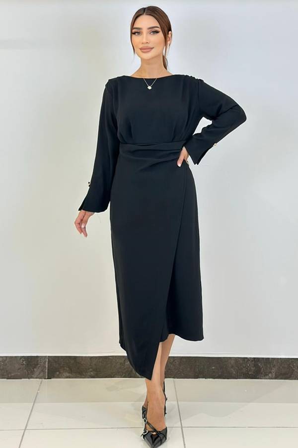 Drape detaylı asimetrik elbise