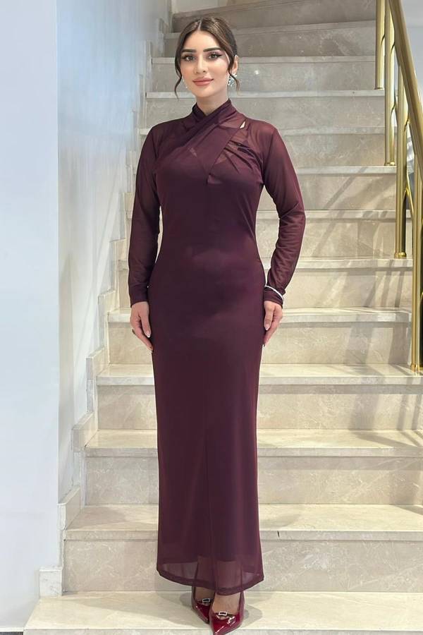 Drape yakalı likralı tül elbise