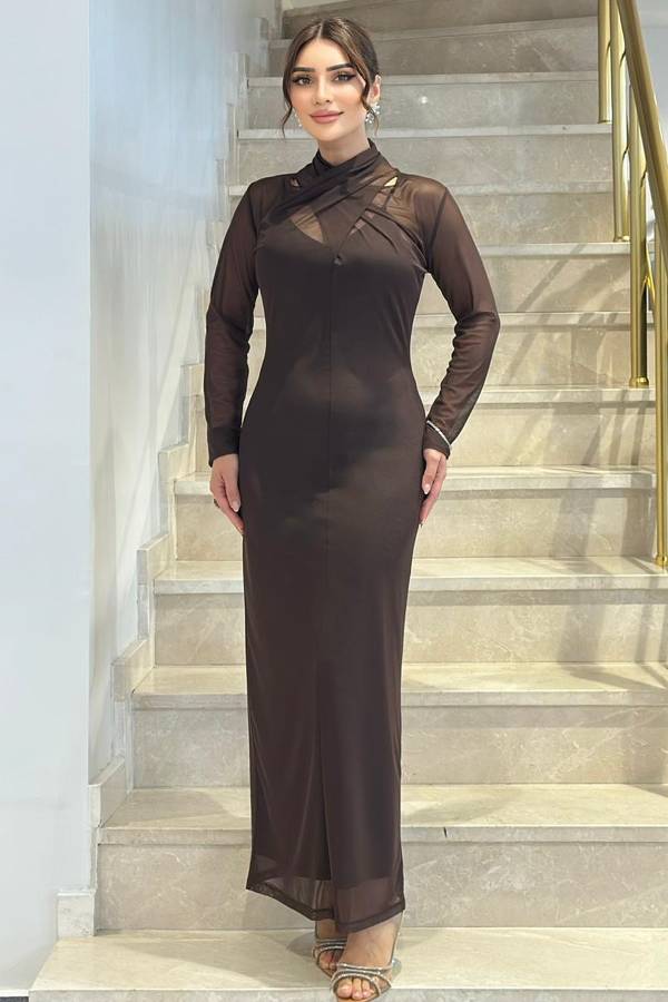 Drape yakalı likralı tül elbise - 4
