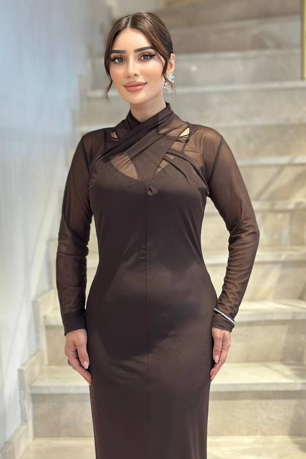 Drape yakalı likralı tül elbise - 2