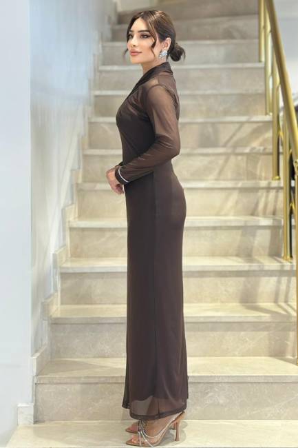 Drape yakalı likralı tül elbise - 8