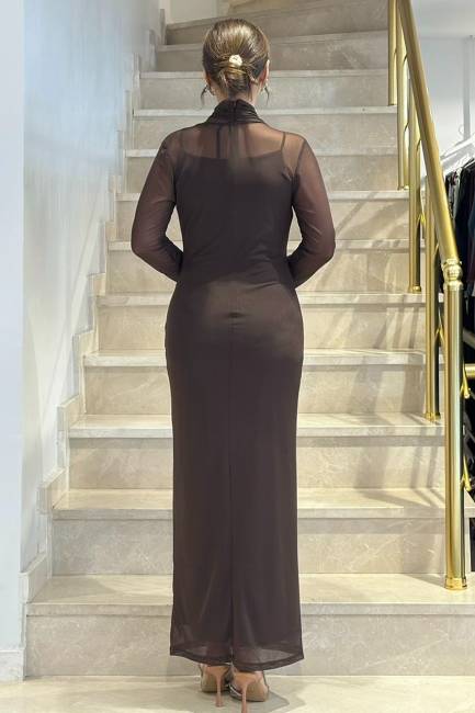 Drape yakalı likralı tül elbise - 6