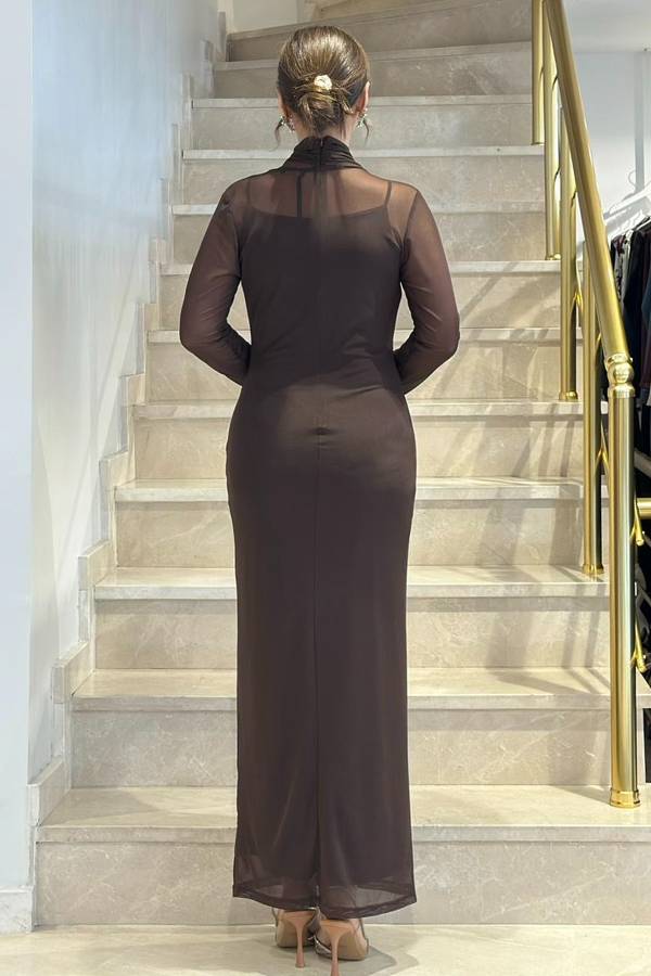 Drape yakalı likralı tül elbise - 6