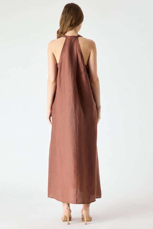 Halter yaka midi keten elbise