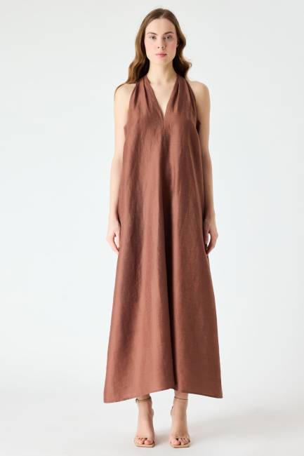 Fever - Halter yaka midi keten elbise