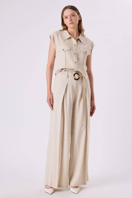 Kemerli keten pantolon - 5