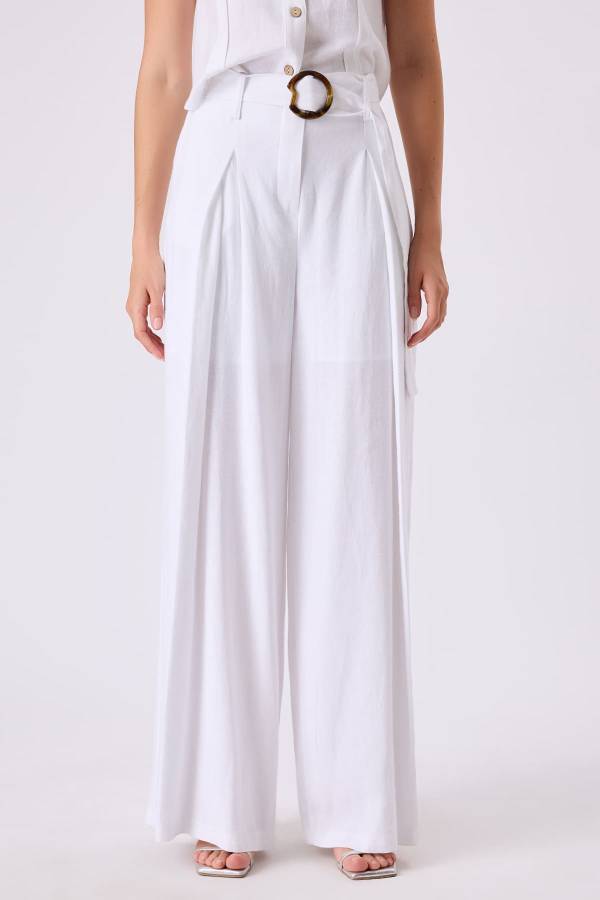 Kemerli keten pantolon - 1