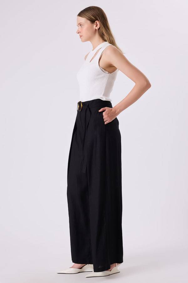 Kemerli keten pantolon - 8