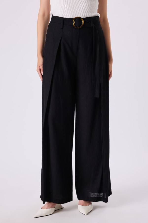 Kemerli keten pantolon - 3