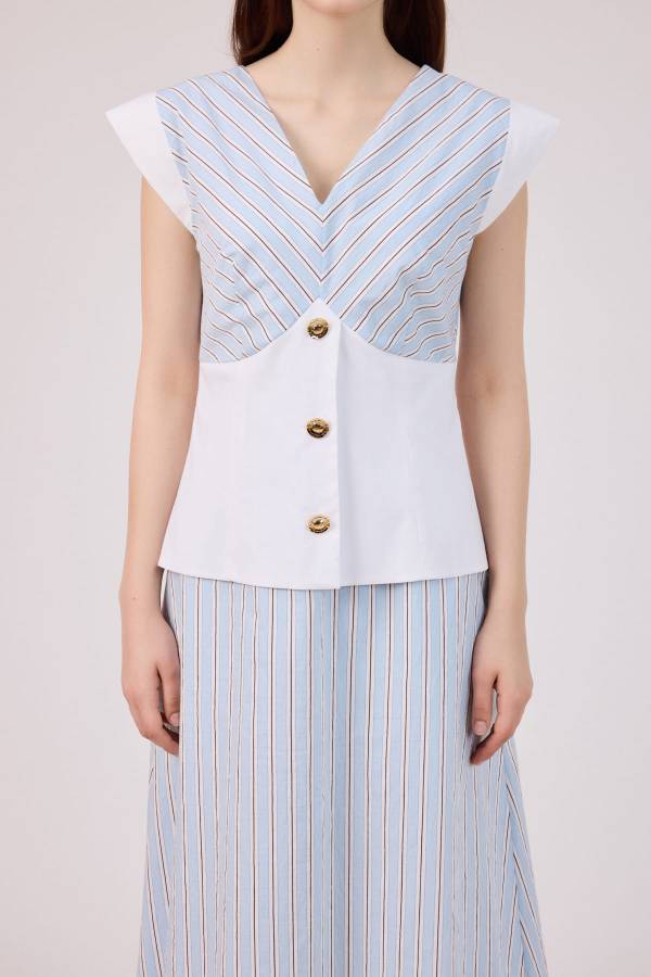 Korsaj detaylı çizgili poplin elbise
