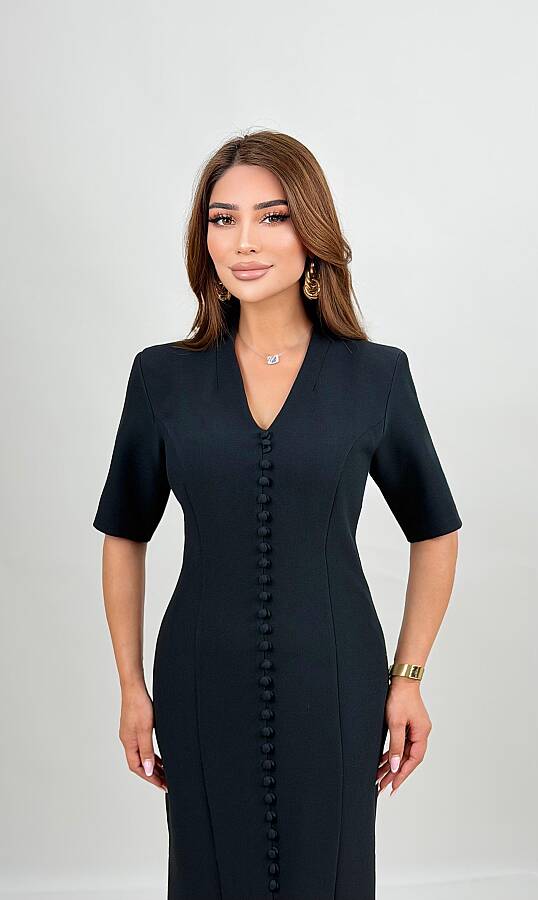 Krep dokulu kumaş,önü jumaş kaplama süs düğmeli,yarım kollu,astarlı ,fit kuplu elbise - 6
