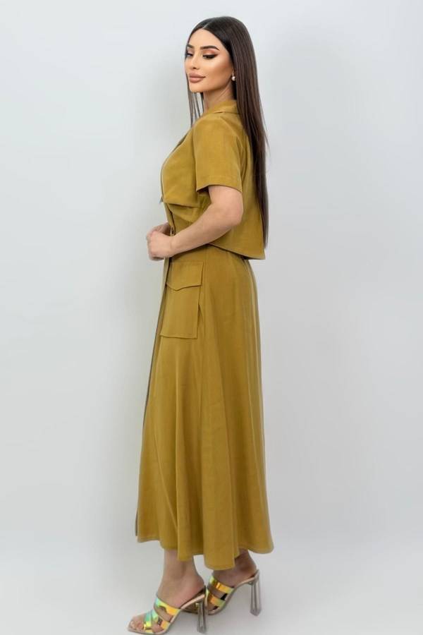 Kruvaze yakalı tencel elbise