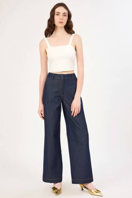Likralı palazzo denim pantolon - 4