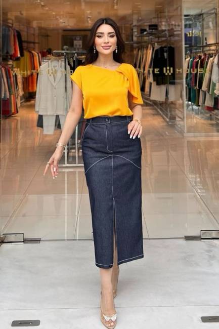 Yırtmaçlı midi boy denim etek - 3