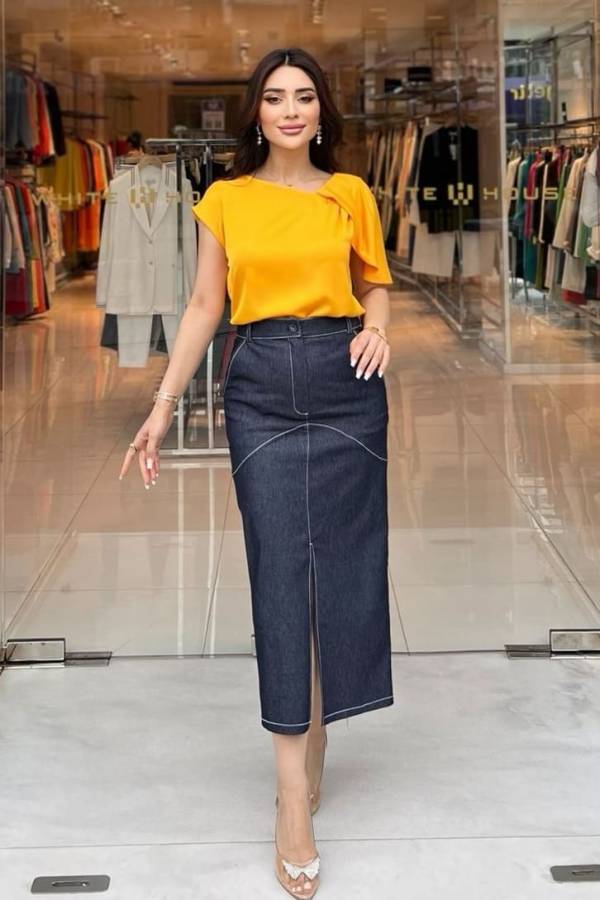 Yırtmaçlı midi boy denim etek - 3