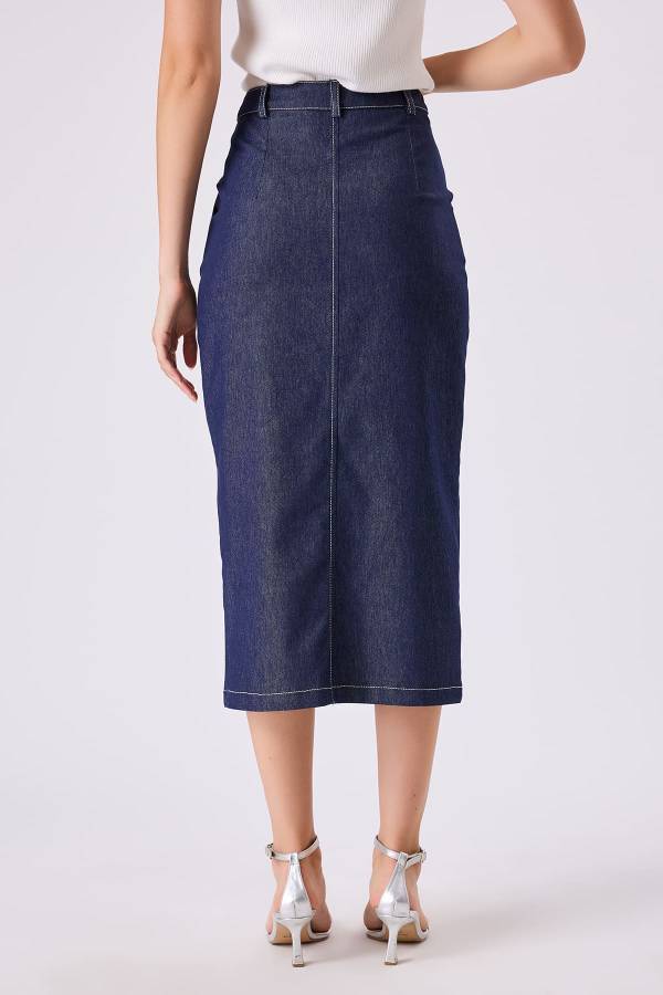 Yırtmaçlı midi boy denim etek - 6
