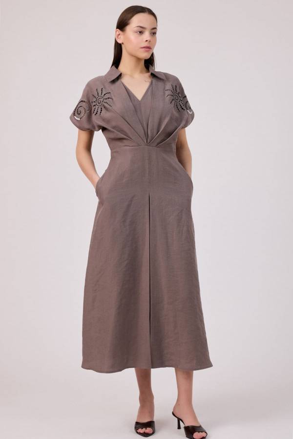 Nakış detaylı tencel elbise - 1