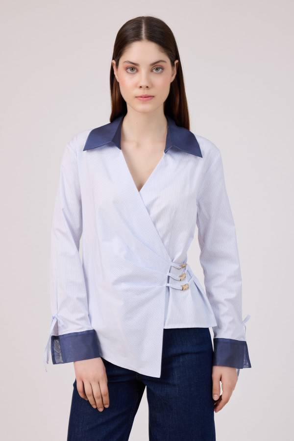 Fever - Organze geçişli çizgili poplin bluz