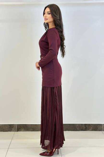 Plise geçişli örme elbise - 7