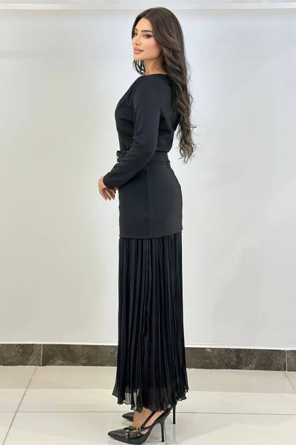 Plise geçişli örme elbise - 3