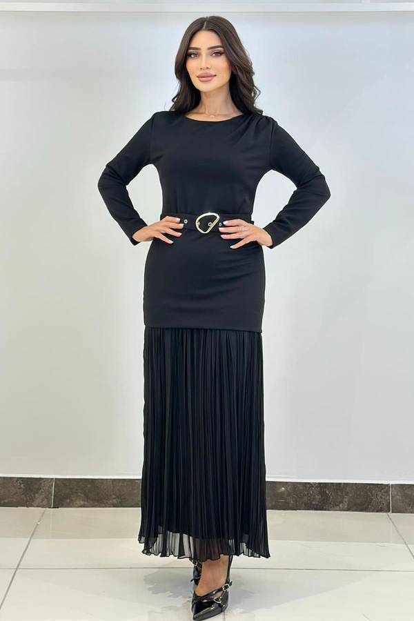 Plise geçişli örme elbise - 1