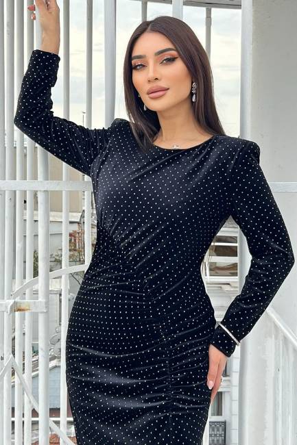 Taş detaylı kadife elbise - 2