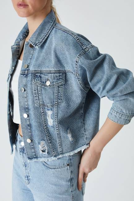 Taşlı mavi denim ceket - 4