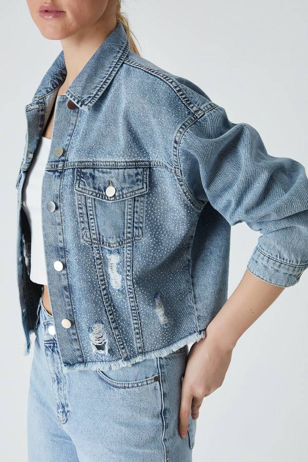 Taşlı mavi denim ceket - 4